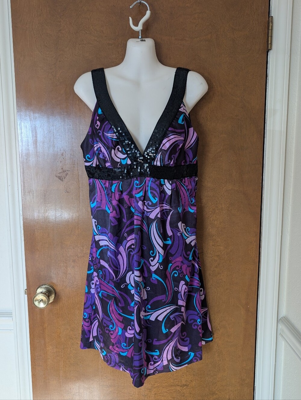 Guess Purple Pink Blue Black Swirly Print Sequin Satin Mini Dress